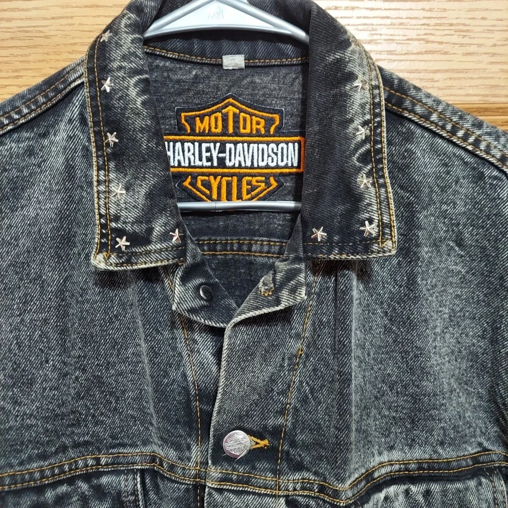 Vintage 80s USA Harley Davidson Eagle Black Denim Biker Jacket Mens Medium‎